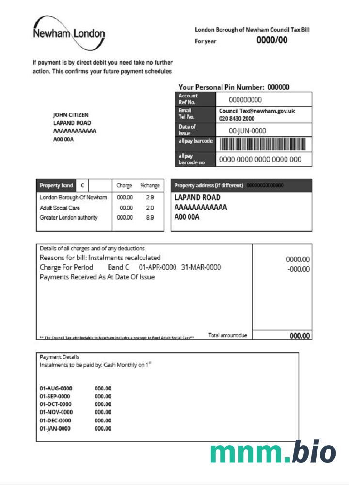 Wielka Brytania London Of Borough of Newham council tax bill szablon w formacie Word i PDF